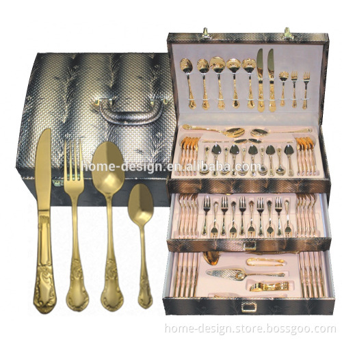 86pcs set royal stainless steel 18-10 gold cutlery set for TV shoppping with leather box